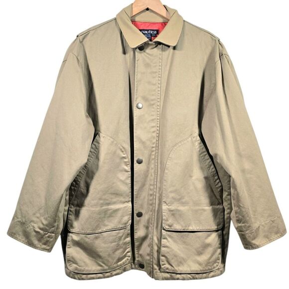 Nautica Coat Mens Medium Tan Leather Collar Quilted 2 Way Zip Pockets Corduroy‎ - Picture 1 of 16